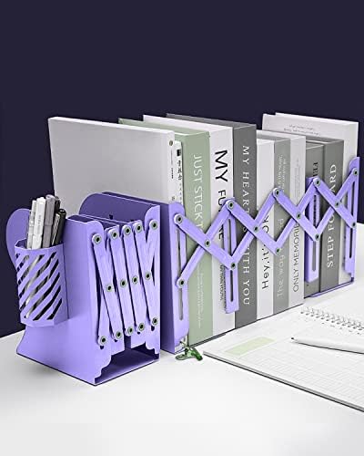 MSDADA Adjustable Bookends, Metal Book Ends for Heavy Books, Expandable Book Organizer with Pen Holder for Desk, Shelf, Office, The First Day of School Stationery Gift for Students,Teachers (Purple) - Image 6