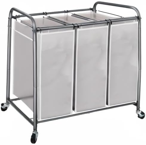 STO STO Laundry Sorter 3 Section, 3 Bag Clothes Hamper, Rolling Laundry Cart Basket with Heavy Duty Lockable Wheels and Removable Bag for Laundry Room, Bedroom, Closet, Gray