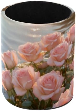Leather Pen Holder for Desk, Sunset Pink Rose Pencil Cup Pen Organizer Makeup Brush Holder for Office Home Kids Countertop Desk Accessory Storage by Unknown