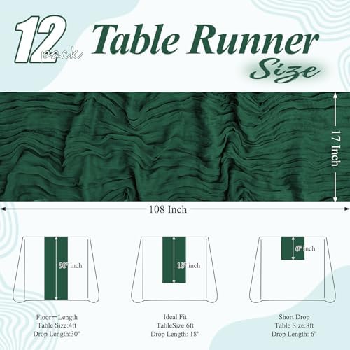 12 Pack Emerald Green Cheesecloth Table Runner 17x108 Inch Boho Gauze Cheese Cloth Table Runners Rustic Sheer Runner for Wedding Party Baby Shower Birthday Home Decor - Image 2