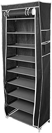 9 Tier Space Saving Portable Shoe Rack Storage Organizer, 10 Tiers 9 Lattices Non-Woven Waterproof Fabric Cover (Black, 10 Tiers 9 Lattices)