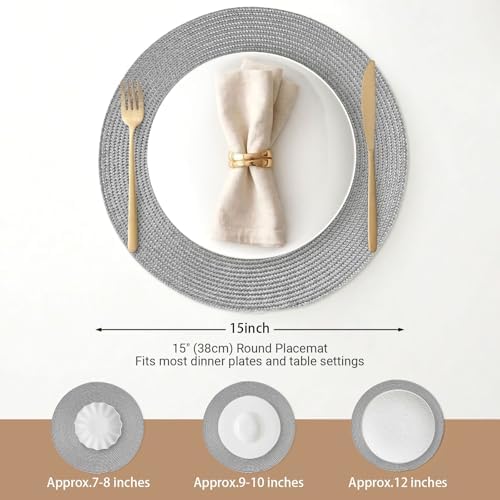 FunWheat Round Braided Placemats Set of 4 Table Mats for Dining Tables Woven Washable Non-Slip Place mats 15inch (Grey, 4pcs) - Image 2