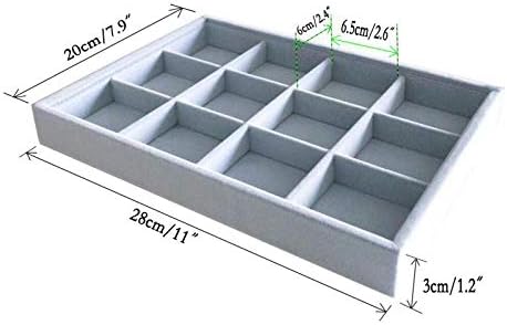 Grey Velvet Stackable Organizer Premium Grade Fabric Soft Protection for Jewelry Collection Removable Rearrangeable 12-Grid Drawer Divider Small Space Storage Ring Necklace Earring