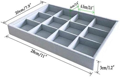 Grey Velvet Stackable Organizer Premium Grade Fabric Soft Protection for Jewelry Collection Removable Rearrangeable 12-Grid Drawer Divider Small Space Storage Ring Necklace Earring