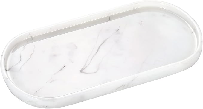 Emibele Bathroom Tray, Resin Oval Vanity Tray Countertop Organizer Toilet Tank Kitchen Tray Decorative Jewelry Storage Tray for Perfume Candles Soap Towel Small Plant Home Decor, M, Marble White