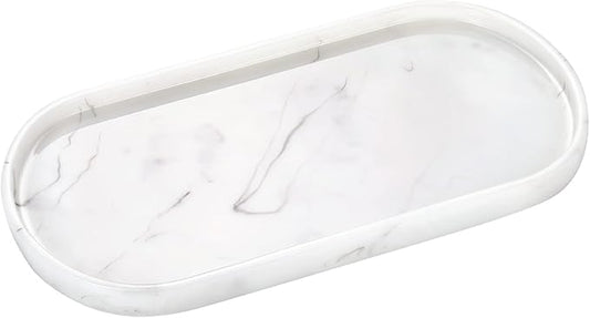 Emibele Bathroom Tray, Resin Oval Vanity Tray Countertop Organizer Toilet Tank Kitchen Tray Decorative Jewelry Storage Tray for Perfume Candles Soap Towel Small Plant Home Decor, M, Marble White