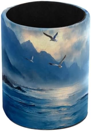 Leather Pen Holder for Desk, Ocean Seagull Pencil Cup Pen Organizer Makeup Brush Holder for Office Home Kids Countertop Desk Accessory Storage by Unknown