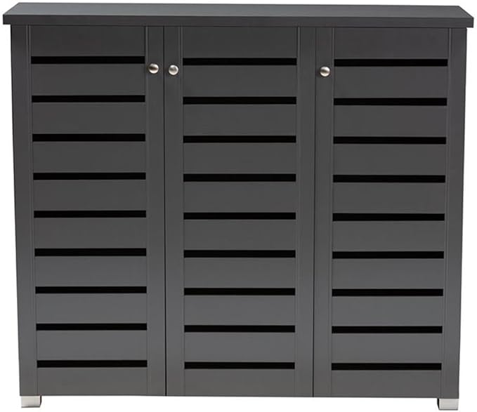 BOWERY HILL 3-Door Wood Entryway Shoe Cabinet, Dark Gray Finish, Engineered Wood Construction, Ventilated Slatted Doors, Holds 20 Pairs, Contemporary Style Shoe Storage for Entryway or Hallway Use
