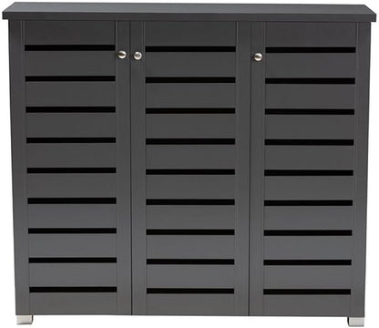 BOWERY HILL 3-Door Wood Entryway Shoe Cabinet, Dark Gray Finish, Engineered Wood Construction, Ventilated Slatted Doors, Holds 20 Pairs, Contemporary Style Shoe Storage for Entryway or Hallway Use
