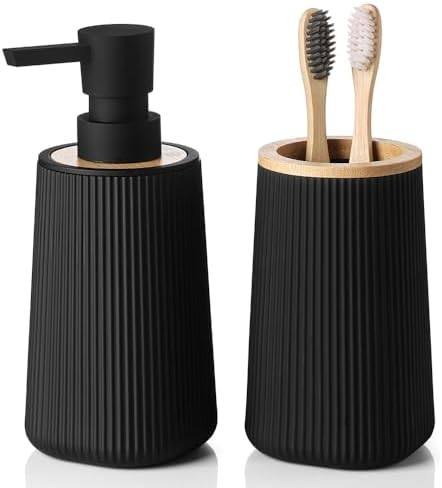 YAUKPH Bathroom Soap Dispenser and Toothbrush Holder Striped Black Bamboo by KellyHome