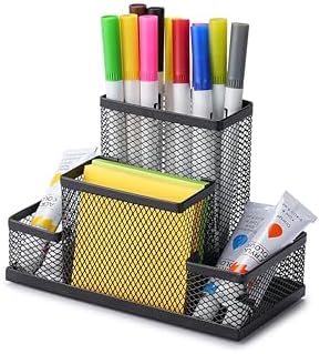Huron Pen Holder and Desk Organizer Caddy, 4 Compartment Storage for Pencils Pens Sticky Notes Office Desk Accessories for Home Office,Black Steel Mesh (1/4/24/96) (4 pc) by Huron