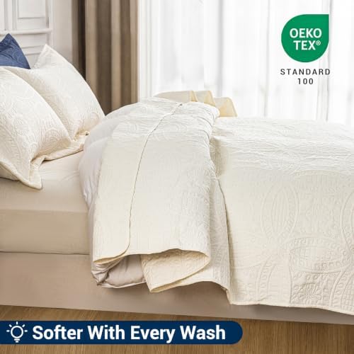 SheRest Queen Quilt Bedding Set - Soft Breathable Bed Quilts, Modern Style Embossed Bedspreads, Lightweight Microfiber Reversible Coverlet for All Seasons, Cream, 3 Pieces (1 Quilt,2 Pillow Shams) - Image 4