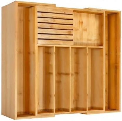 VaeFae Bamboo Silverware Drawer Organizer Kitchen, Expandable Utensil Organizer with Knife Block, Cutlery Tray with Divider, Multifunctional Drawer Organizer
