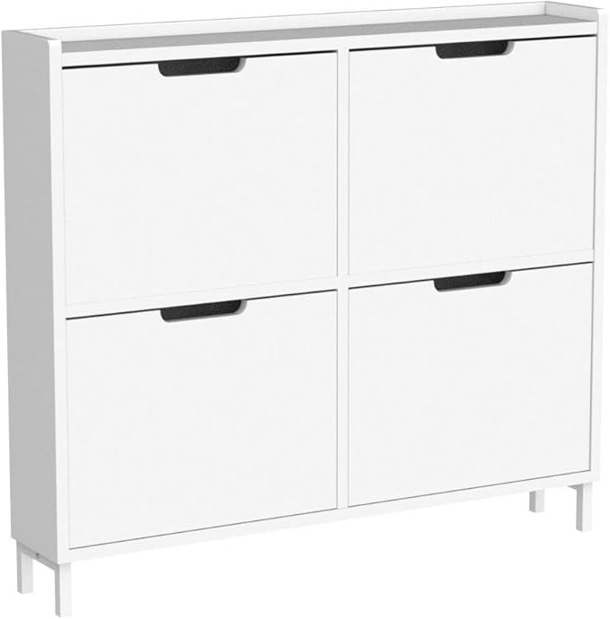 Haotian Ultra Thin Shoe Cabinet with 4 Flip-Drawers, Narrow Shoe Rack, Slim Shoe Storage Organiazer Entryway, White, FSR100-W, 7.5" D x 39.4" W x 35.6" H