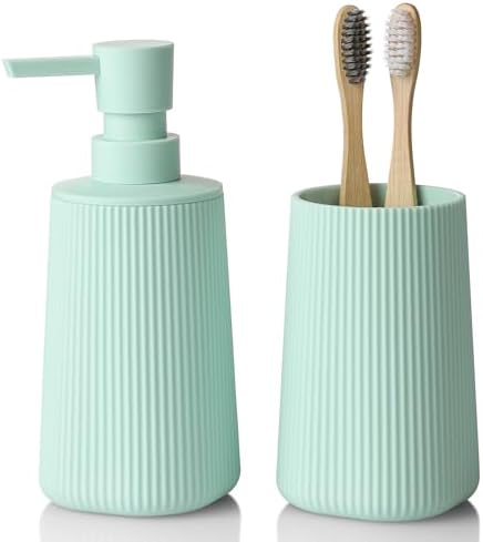 YAUKPH Bathroom Soap Dispenser and Toothbrush Holder Striped Green by KellyHome