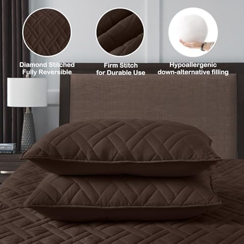 HORIMOTE HOME Quilt Set Queen Size Chocolate, Classic Geometric Diamond Stitched Pattern, Ultra Soft Microfiber Lightweight Bedding Bedspread Coverlet for All Season with 1 Quilt 2 Pillow Shams - Image 5