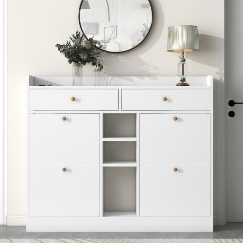 FridayParts Modern Shoe Cabinet with 4 Flip Drawers, Multifunctional 2-Tier Shoe Storage Organizer with Drawers, Free Standing Shoe Rack for Entrance Hallway, White