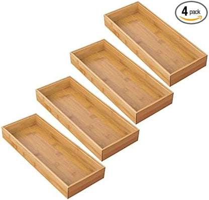 mDesign Wooden Bamboo Drawer Organizer - 15" Long Stackable Storage Box Tray for Kitchen Drawers/Cabinet - Utensil, Silverware, Spatula, and Flatware Holder - Echo Collection - 4 Pack, Natural Wood