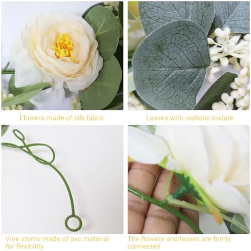 2 Packs Eucalyptus Garland with Flowers, 6.56ft Artificial Flower Greenery Garlands Natural Looking, Floral Garland Rose Vines for Party Wedding Table Backdrop Wall Decor - Image 6