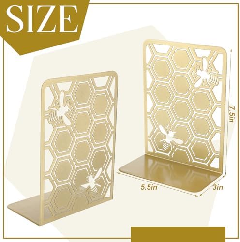 Chunful 6 Pack Gold Metal Honeycomb Bee Bookends Book Stoppers for Shelves - Image 6