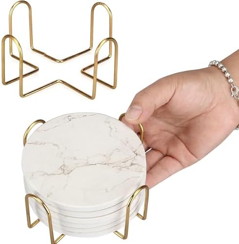 4inch Round White Marble Coaster with Gold Storage Rack 6pcs - Image 6