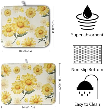 Yellow Sunflower Dish Drying Mat for Kitchen Counter Summer Daisy Floral Dishes Pad Farmhouse Flower Dish Draining Microfiber Absorbent Dish Drainer Rack Mat Large 16x18 Inch - Image 2