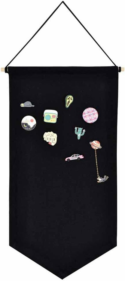 Wall Hanging Brooch Jewelry Storage Case Canvas Display Stand Enamel Pin Display Banner Holder Earrings Necklace Glitter Pin Collection Organizer (Black)