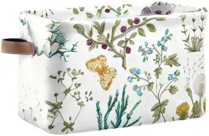 Kigai Herb and Wild Flowers Storage Basket Collapsible Rectangle Storage Bin Shelves Basket Organizer with Leather Handle for Closet, Office, Nursery, Home Decor