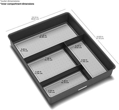 madesmart 4 Compartment Drawer Organizer, Multi Purpose Storage for Utensils, Office Tools, Cords, & Small Household Items, Tech Accessories, Arts & Crafts Supplies, Non Slip Lining, Granite