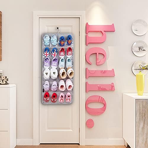PACMAXI Over The Door Shoes Organizer for 12 Pairs of Baby Shoes Boys Girl, Hanging Baby Shoe Organizer with Hanger(Polyester Material-Grey)