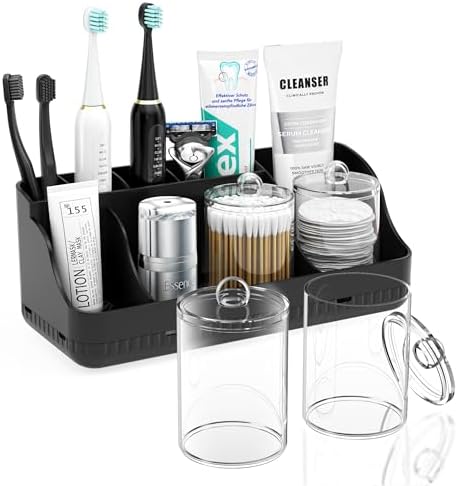 Bathroom Counter Organizer and Storage with 2 Pack Qtip Holder Dispenser, 7 Slots Detachable Toothbrush Holders for Bathrooms, Anti-Slip Electric Toothbrush and Toothpaste Holder Countertop by Homtalker