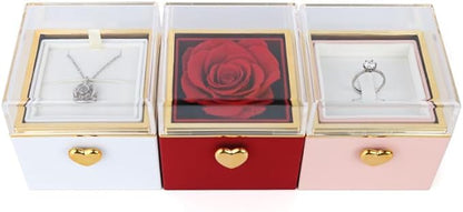 Magic Flip Jewelry Carousel with Heart Button Surprise, Rotating Transparent Gift Box - Bear Cake or Flower Design Organizer for Necklaces & Rings, Birthday Mothers Day Gifts for Women (Red Flower)