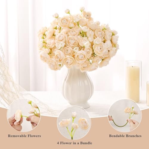 U'Artlines Mini Ranunculus Artificial Flowers Bouquet 20 PCS Creamy - Image 5