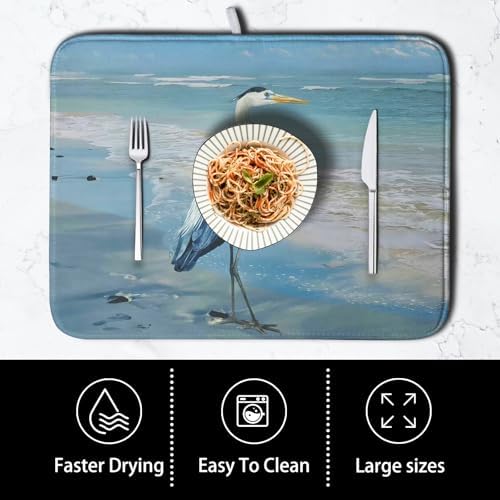 Summer Blue Dish Drying Mat for Kitchen Counter 16x18 Inch Heron Coastal Beach Drying Mats Nautical Ocean Bird Dishes Drainer Mats Microfiber Absorbent Dish Rack Pad - Image 4