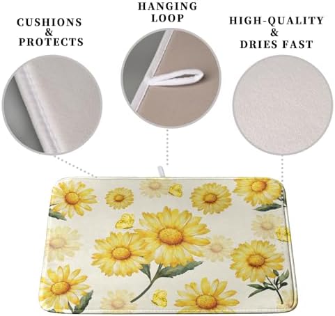 Yellow Sunflower Dish Drying Mat for Kitchen Counter Summer Daisy Floral Dishes Pad Farmhouse Flower Dish Draining Microfiber Absorbent Dish Drainer Rack Mat Large 16x18 Inch - Image 3
