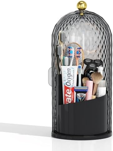 Dustproof Toothbrush Holder with Lid, 360 Rotating Countertop Electric Toothbrush Toothpaste Holders with Cover for Bathroom, 3 Slots Makeup Brush Holder with Lid for Vanity, Black by MSHOMELYDIRECT