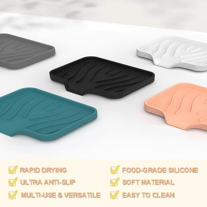 Silicone Soap Dish with Drainer | Quick-Dry Holder for Sponge, Dispenser, Scrubber, Bottle and Cup | for Kitchen, Shower and Bathroom (Beige, Small, 2-Pack)