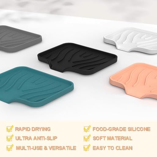 Silicone Soap Dish with Drainer | Quick-Dry Holder for Sponge, Dispenser, Scrubber, Bottle and Cup | for Kitchen, Shower and Bathroom (Pink, Small, 2-Pack)