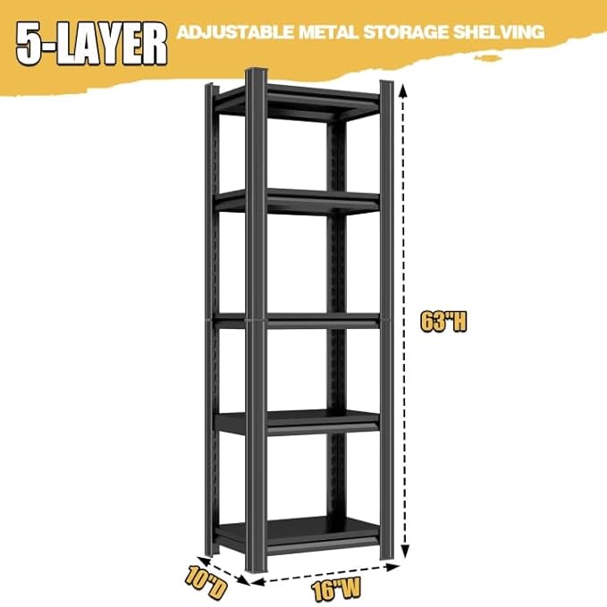 Heavy Duty Metal Garage Shelving Unit, 5-Tier Adjustable Storage Shelves, 3000LBS for Garage & Basement, Kitchen and Pantry Industrial Steel Rack, Ideal for Tool Organization & Storage, Black,16"W
