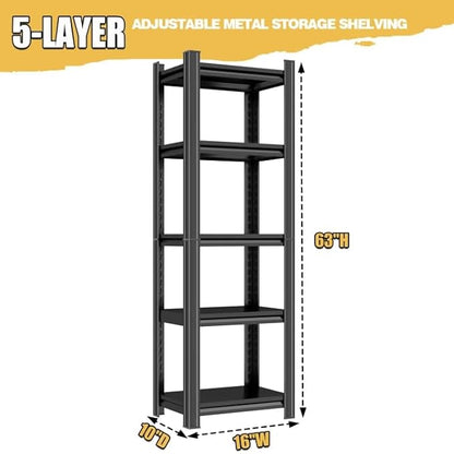 Heavy Duty Metal Garage Shelving Unit, 5-Tier Adjustable Storage Shelves, 3000LBS for Garage & Basement, Kitchen and Pantry Industrial Steel Rack, Ideal for Tool Organization & Storage, Black,16"W