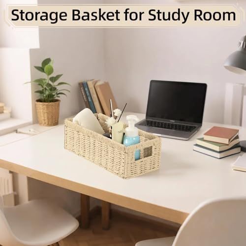 2 Pack Paper Rope Wicker Baskets with Handles, Storage Wicke Baskets for Shelves Organizing, Natural Color Toilet Basket Tank Topper, Small Woven Baskets for Storage, 14.17x6.1x4.72in - Image 5