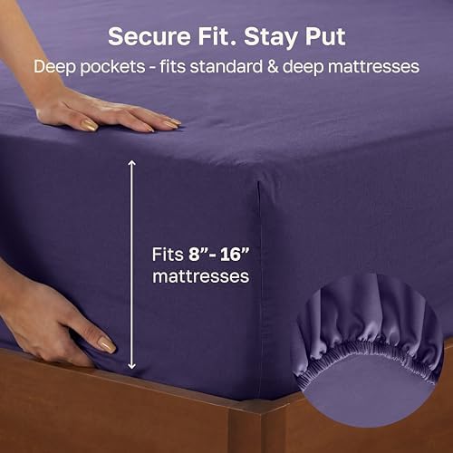 California Design Den Soft 100% Cotton Sateen Fitted Sheet Queen, Purple - Image 4