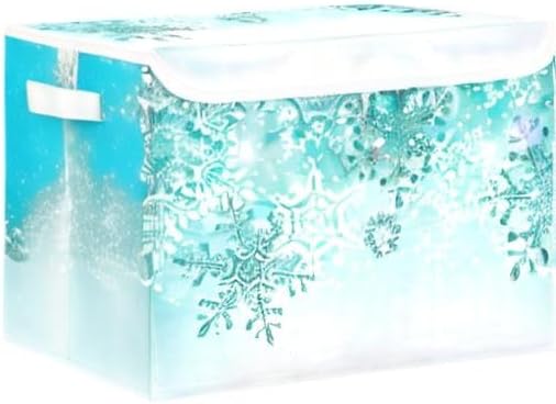Senya Collapsible Storage Bins with Lids, Silver Winter Teal Turquoise Snowflakes Christmas Storage Boxes Clothes Baskets for Organizing