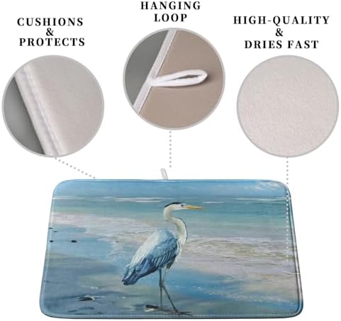 Summer Blue Dish Drying Mat for Kitchen Counter 16x18 Inch Heron Coastal Beach Drying Mats Nautical Ocean Bird Dishes Drainer Mats Microfiber Absorbent Dish Rack Pad - Image 3
