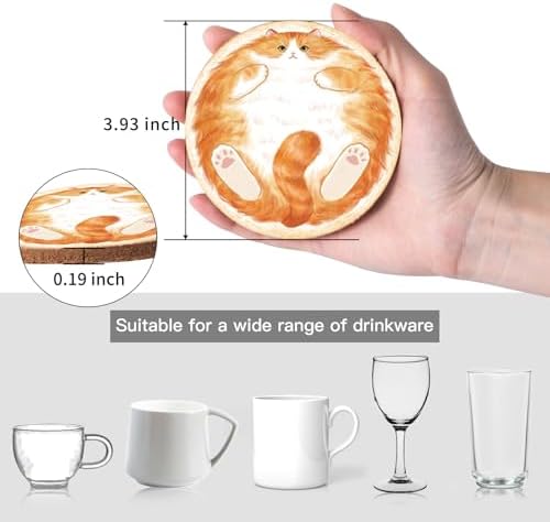 Cork Coasters for Drinks Absorbent Non Slip 12pcs 4 Inch Sleepy Cat - Image 2