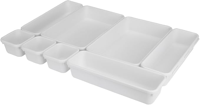 Home Basics 8 Piece Kitchen, Adjustable and Customizable Multi-Drawer Divider Organizer Set Multipurpose Use White