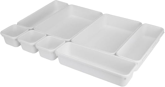 Home Basics 8 Piece Kitchen, Adjustable and Customizable Multi-Drawer Divider Organizer Set Multipurpose Use White