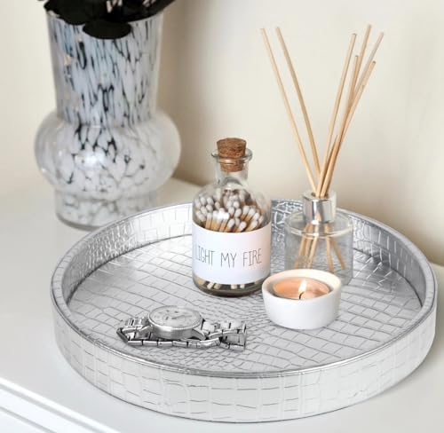 HofferRuffer Faux Leather Round Serving Tray, Vegan Croco Leather Decorative Tray, Food Tray for Storage Drinks, Snack & Cosmetics, Dia.12'' x 1.6'' (Silver) - Image 4