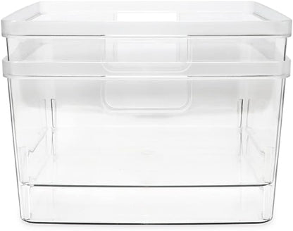 Isaac Jacobs 2-Pack Square Clear Storage Bins (10” L x 10” W x 6.1” H) w/Cutout Handles, Plastic Organizer for Home, Office, Kitchen, Fridge/Freezer, Bathroom, BPA Free, Food Safe (2-Pack, Square)