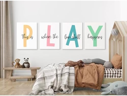 Baccone Kids Playroom Wall Art Playroom Wall Decor Kids Play Canvas Wall Art Play Sign Pictures Toddler Playroom Art Prints Nursery Children Artwork for Room Bedroom Set of 4 8x10 Inch Ready to Hang - Image 7